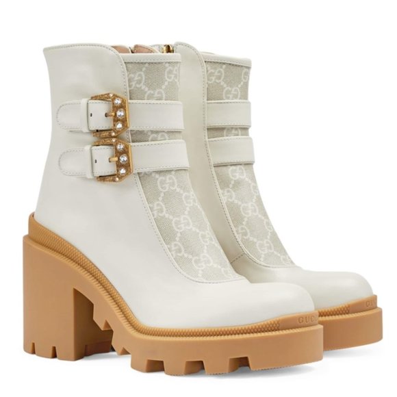 Gucci Women's Double Buckle Lug Sole Ankle Boots Leather w/GG Coated Canvas - Picture 1 of 9